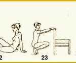 У стула: скрутка, вращение ногой, приседания, отжимания